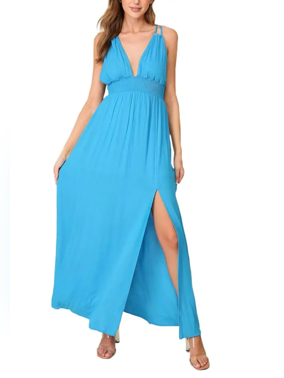 Nwt Timily Elegant Blue Sleeveless Maxi Dress With A Deep V-Neck Size Large